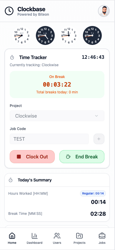 ClockBase TimeSync time tracking dashboard shown on phone, laptop, and tablet mockups